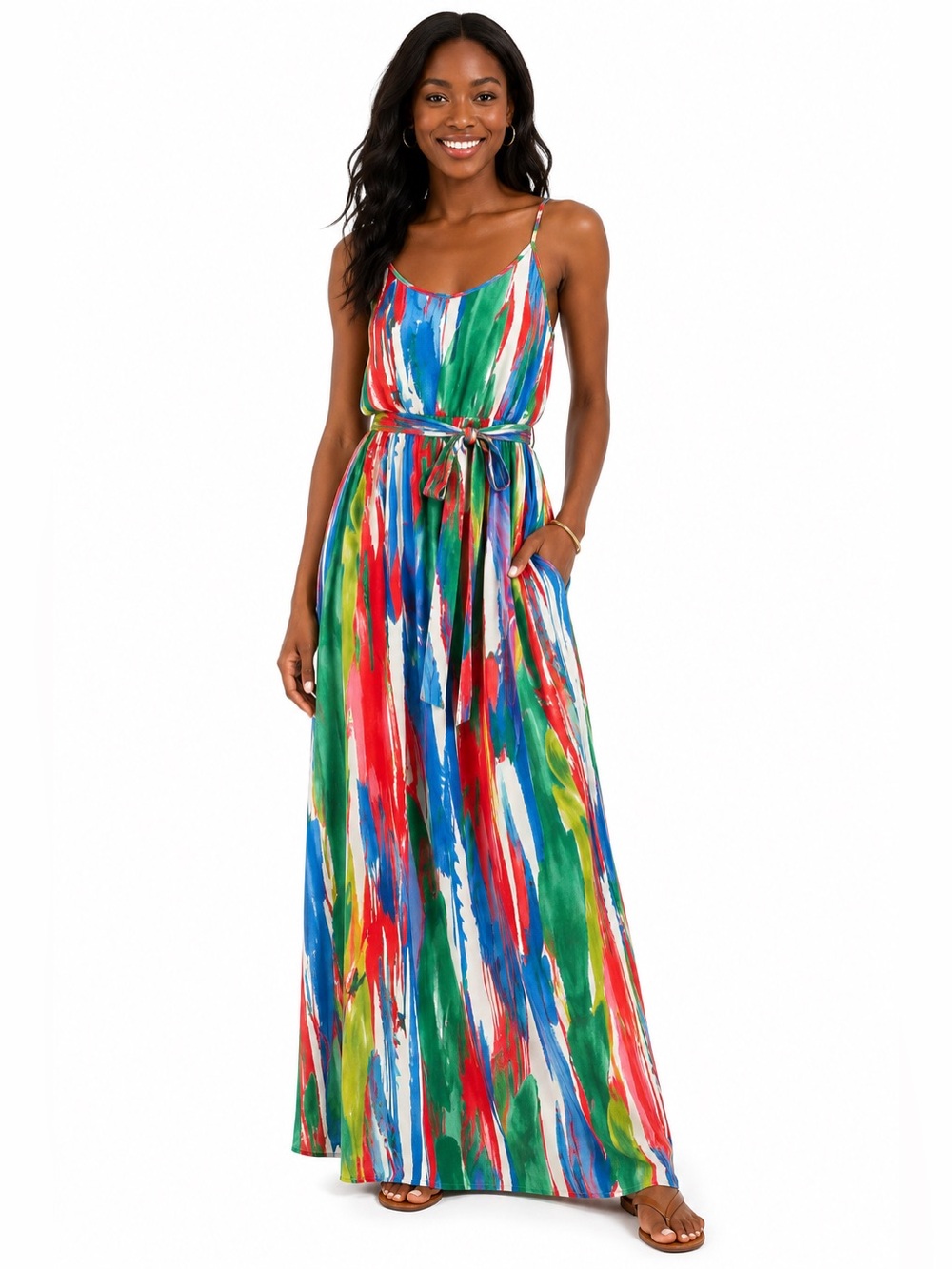 Multicolor Boho Maxi Dress XL Tie Waist Pockets Vacation Resort